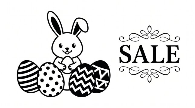 Easter sale banner with cute bunny and decorated eggs illustration