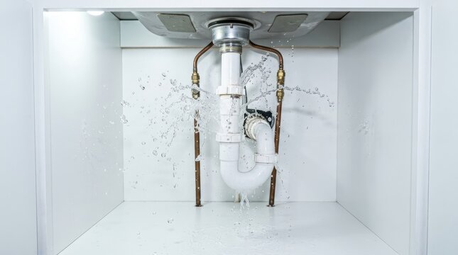 Severe water leak from a white plastic ptrap pipe under a kitchen sink