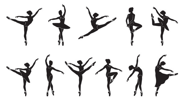 Dancer Silhouettes Performing Ballet and Dance Poses in Black Against White Background in a Minimalist Set of Figures