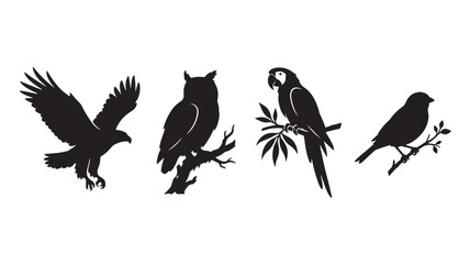 Fototapeta premium Bird Silhouettes Set of Four Black Songbirds Perched on Branches with Wings Spread for Nature Icon Design