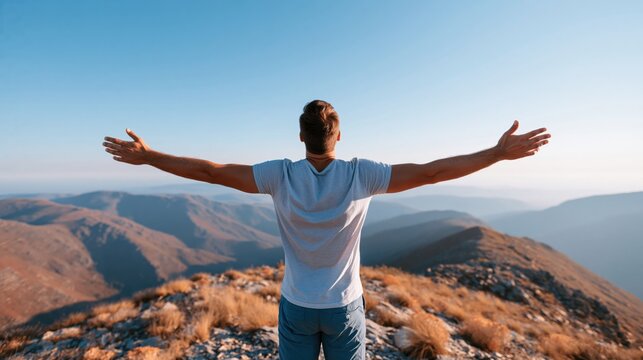 Man standing on a mountain peak with arms outstretched facing a vast landscape