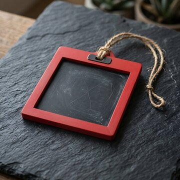 Small square chalkboard with a red wooden frame and rustic twine hanger resting on a textured black slate surface