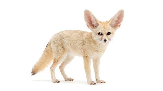 Full length portrait of a cute fennec fox standing isolated on a white background.