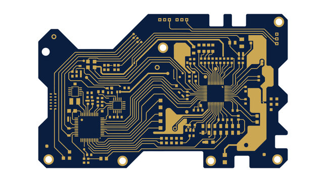 Modern Circuit Board with Golden Traces and Microchips on White Background