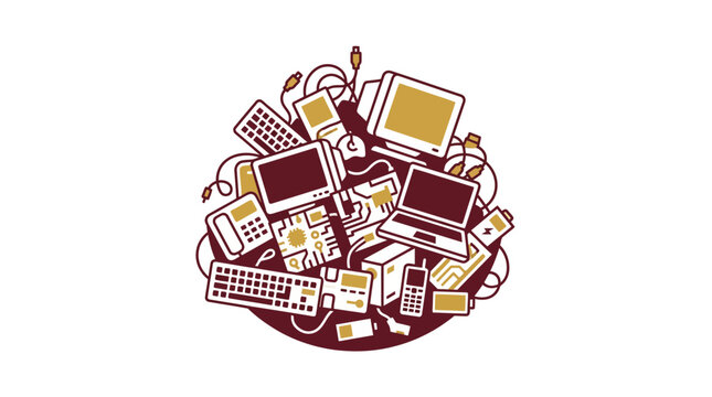 Pile of old electronics, computer parts, cables and gadgets, outdated technology concept