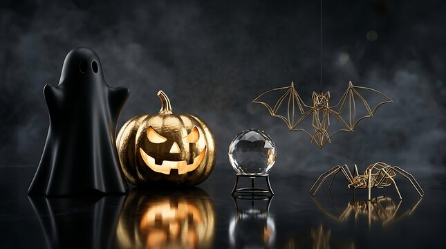 Halloween decorations with a black ghost, golden pumpkin, crystal ball, wire bat, and wire spider on a dark reflective surface