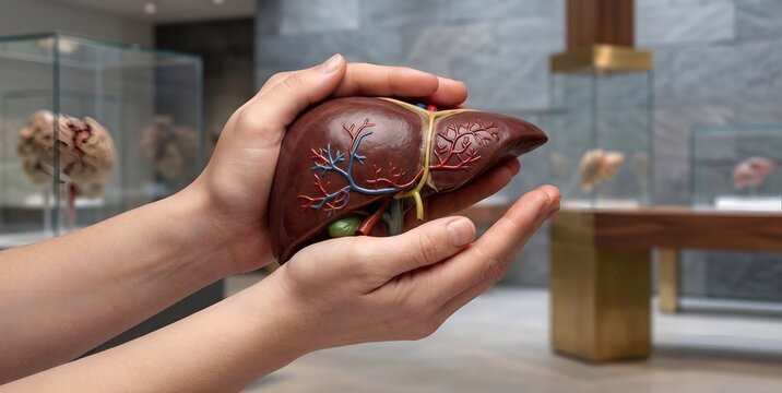 Detailed Human Liver Anatomy Model Held Carefully in Both Hands