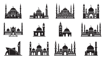 Mosque Icon Set with Black Silhouette Buildings, Domes and Minarets, Isolated Vector Style for Architecture and Travel Design © Olise