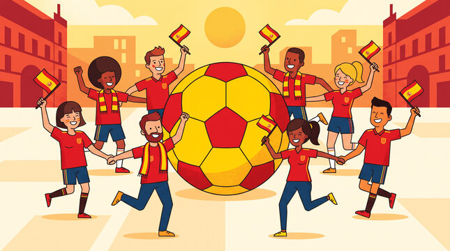Modern Cartoon Illustration of Joyful Spain Fans Forming a Circle Around an Oversized Football During Celebration