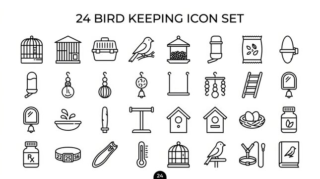Collection of Twenty Four Flat Design Icons for Bird Keeping and Aviculture Hobbies.
