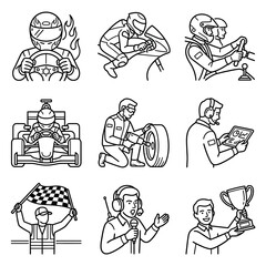 Obraz premium Racing Theme Icons: Drivers, Pit Crew, Officials, Trophy, Checkered Flag