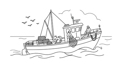 Fishing boat crew hauling large net at sea. Commercial fishermen working on traditional trawler with equipment and birds overhead. © 𝔰𝔥𝔢𝔪𝔲𝔩