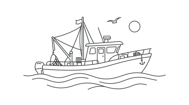 Fishing boat sailing on calm sea with fishing nets and equipment. Traditional wooden trawler vessel for commercial fishing industry illustration.