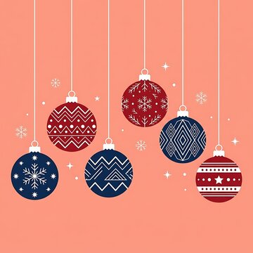Modern christmas baubles hanging on coral background, festive holiday vector illustration