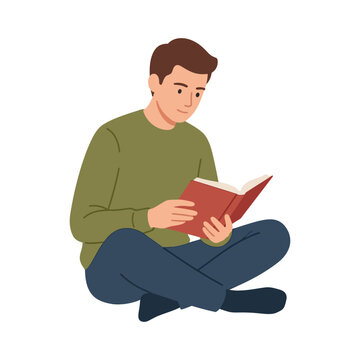 vector illustration of a young man reading a book while sitting on the floor