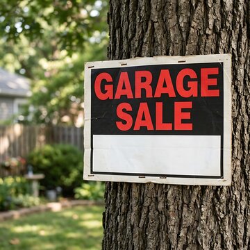 Garage sale sign attached to a tree trunk in a residential yard
