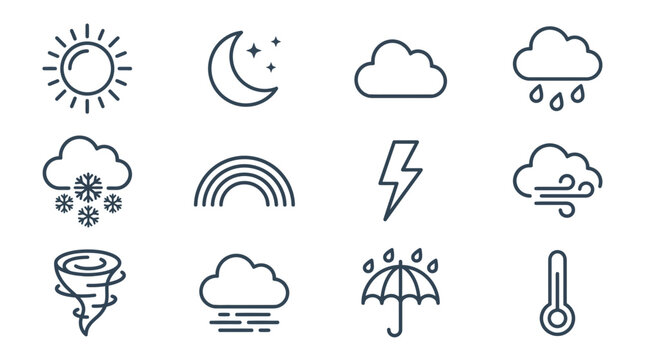 Weather Icons Set: Sun, Moon, Clouds, Rain, Snow, Rainbow, Lightning, Wind, Tornado
