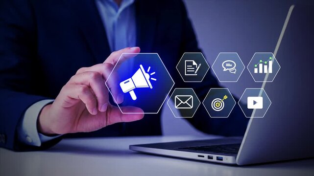 Public relations (PR) concept. Media relations, marketing and publicity. Person using laptop with PR icons on virtual screen.