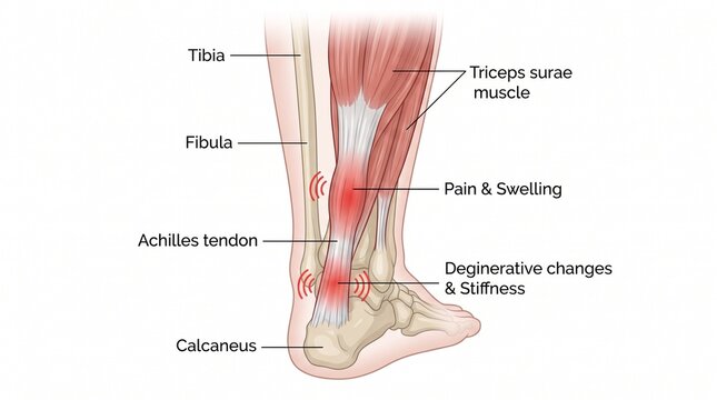 Medical illustration of achilles tendonitis showing pain inflammation
