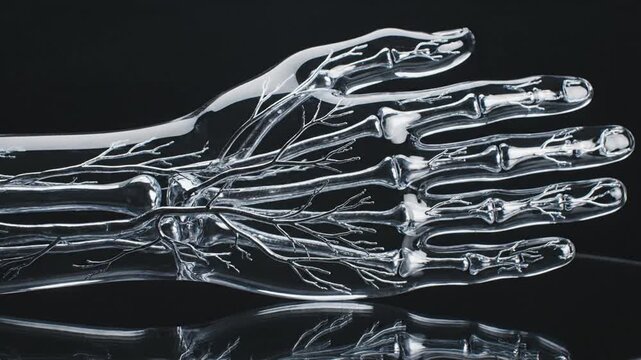 Human hand anatomy is displayed as a transparent medical model showing intricate veins and bone structure for educational purposes.