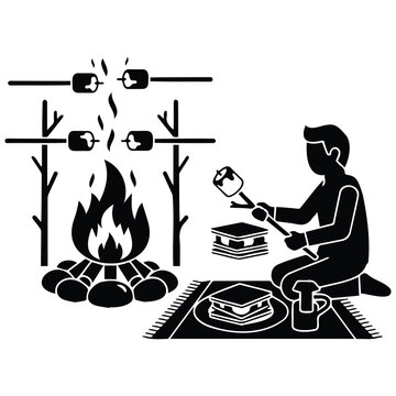 Person roasting marshmallows over campfire vector silhouette illustration line art.