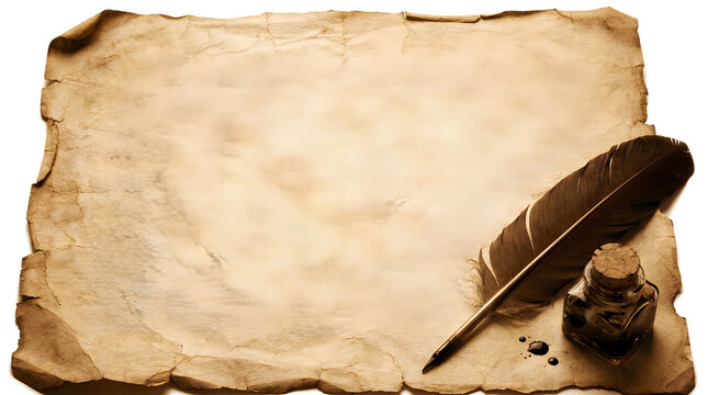 Old vintage paper scroll with a quill pen and ink bottle illustration