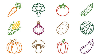 Obraz premium Colorful Vegetable Icons Set: Fresh Produce Line Art Collection on White Background