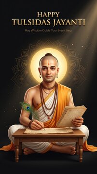 Portrait of goswami tulsidas sitting in a meditative pose at a wooden desk, writing on parchment with a peacock feather quill, set against a dark background, with a glowing, golden halo