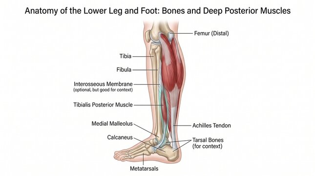 Anatomy of human lower leg and foot bones and deep posterior muscles