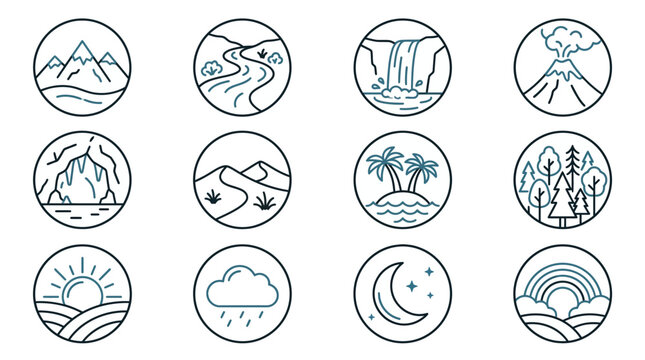 Nature Landscape Icons: Mountains, River, Waterfall, Volcano, Cave, Desert, Island, Forest, Sunrise, Rain, Moon, Rainbow