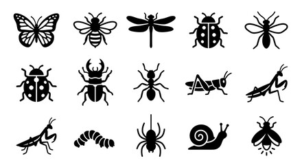 Collection of Insect Icons: Butterfly, Bee, Dragonfly, Ladybug, Ant, Spider, Snail © Jiny