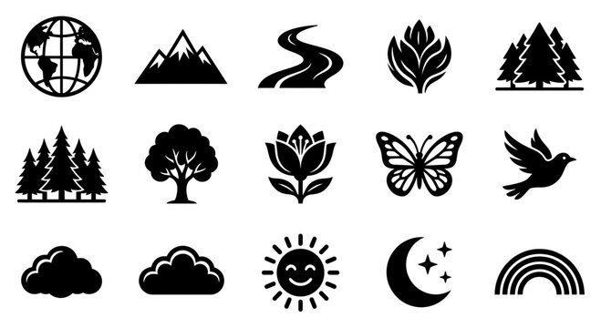 Nature Icons Set: Earth, Mountains, River, Trees, Flower, Butterfly, Bird, Sun, Moon, Rainbow