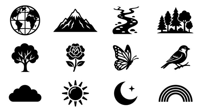 Nature Icons Set: Earth, Mountain, River, Forest, Tree, Rose, Butterfly, Bird, Cloud, Sun, Moon, Rainbow