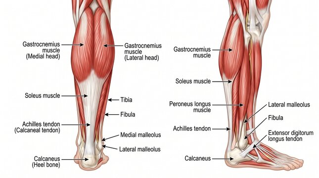 Anatomy diagram showing human lower leg muscles and achilles tendon structure
