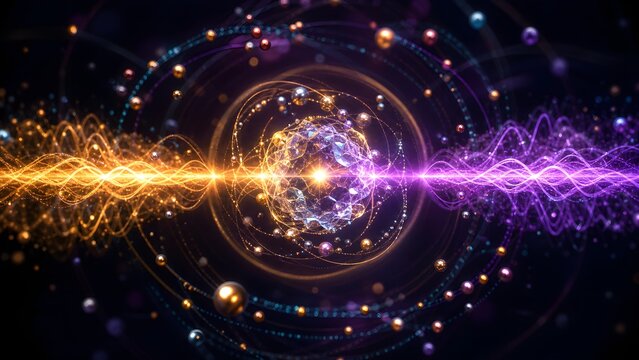 Hyper-detailed 3d cgi scene visualizing a quantum entanglement node with two entangled particles emitting radiant rippling waveforms in abstract cosmic space