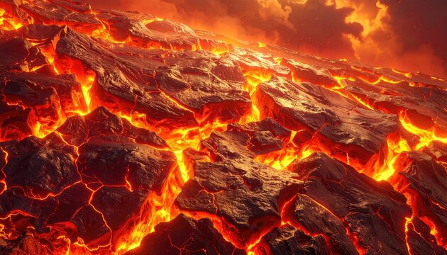 Fiery landscape cracked ground glows with hot orange lava under a dramatic, clouded sky