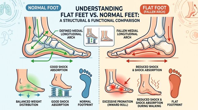 Structural and functional comparison diagram of normal feet versus flat feet