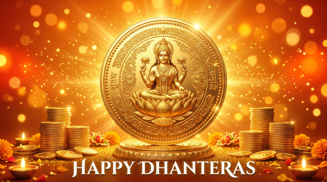 Golden Goddess Lakshmi Coin with Oil Lamps and Glowing Dhanteras Festival Background