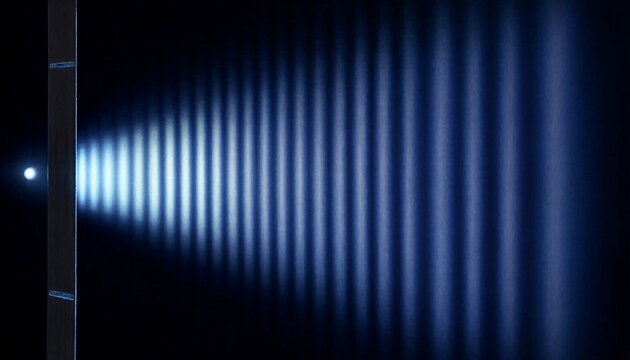 Quantum interference pattern demonstrating alternating bands of bright light and dark shadows formed by interfering waves, showing a sharp and precise wave nature of particles