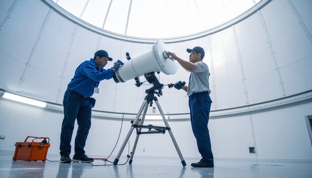 Technicians Adjusting a Large Telescope Inside an Observatory Dome