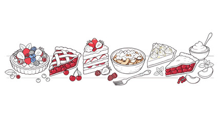 Hand drawn berry dessert collection, vintage line art of cherry pie and strawberry cake slices, sweet pastry vector set for bakery menus © Dream Time Studio