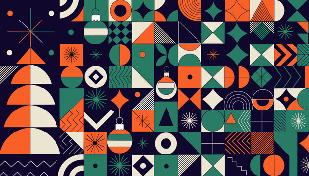 Geometric Christmas baubles and tree pattern with abstract shapes
