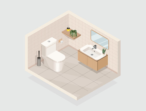 Modern isometric bathroom interior vector illustration with toilet, sink and vanity unit