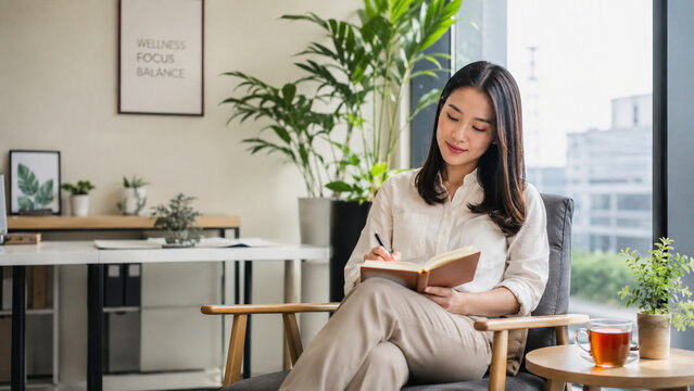 Employee relaxing in a quiet office wellness room after workplace stress