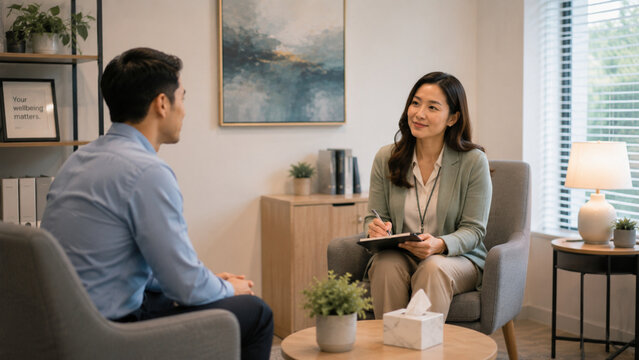 Employee speaking with a workplace counselor in a private office