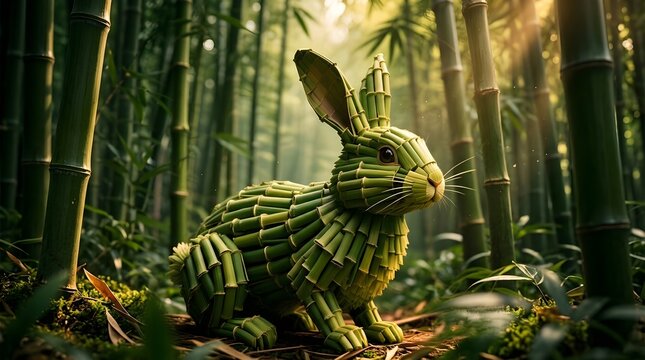 Ilustrasi Seni Patung Kelinci Kreatif dari Susunan Batang Bambu di Tengah Hutan