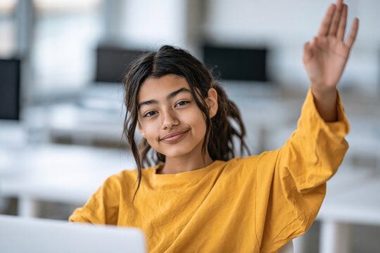 Student raising hand in classroom with laptop for education background and interactive learning poster for teen students