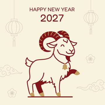 Chinese New Year 2027 greeting card with cute goat or ram character. Traditional Asian clouds and lantern elements on beige background.
