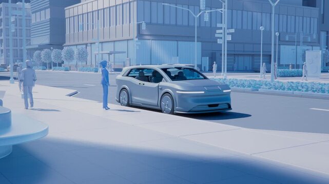 3D Animation: A Woman Summons a Driverless Car and Driving Away. Autonomous Taxi Picking up a Passenger in Downtown City.  Concept: Fully Autonomous Driving Technology Powering Self-Driving Taxi