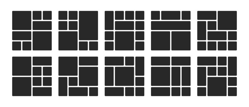 Creative bento grid template featuring square frames and geometric blocks. Ideal layout for photo galleries, presentations, and modern collage designs with abstract patterns. Vector illustration.
